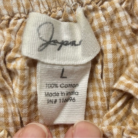 Japna Tan Check Puff Sleeve Elastic Waist Praire Cottagecore Off Shoulder Top L - Picture 13 of 14